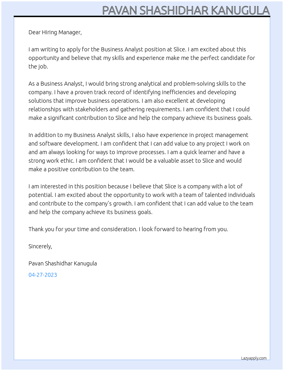 Business Analyst At Slice Cover Letter