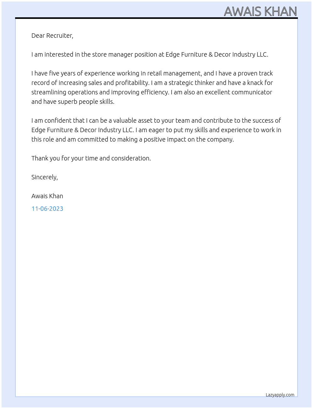 Store manager At Edge Furniture & Decor Industry LLC Cover Letter