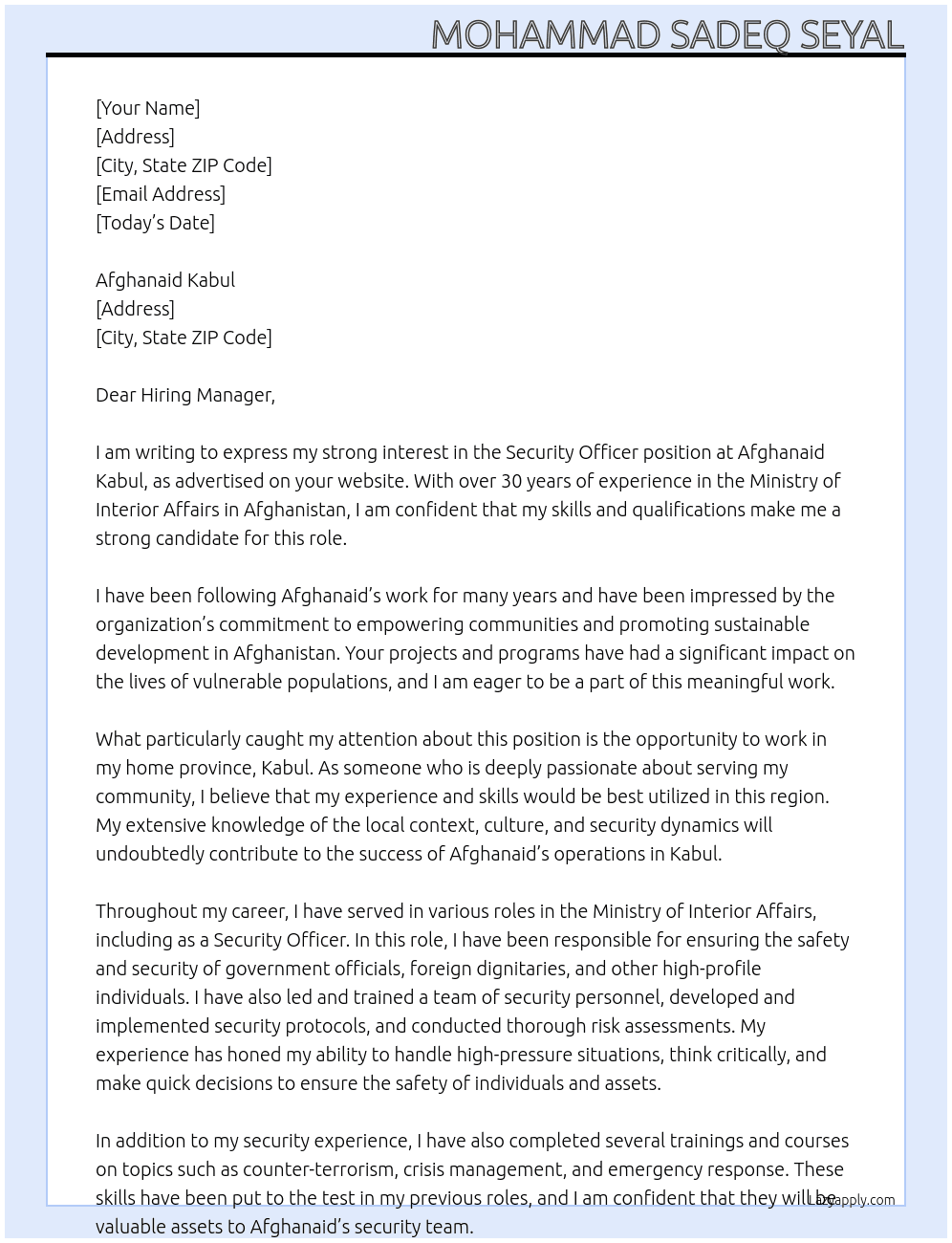  Security Officer At Afghanaid Cover Letter