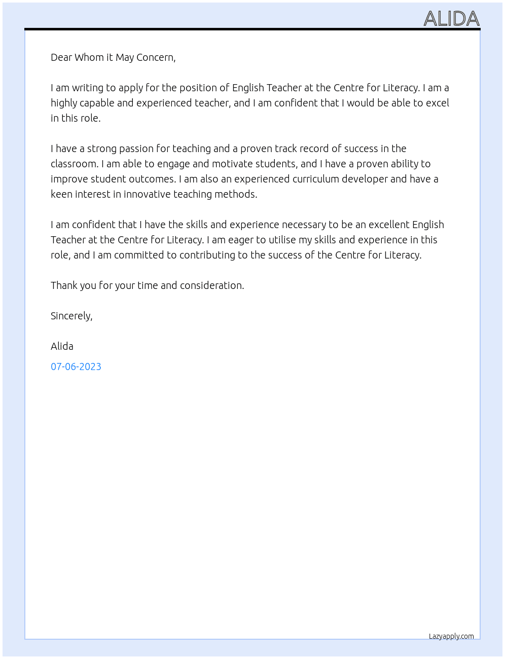English Teacher At Centre for Literacy Cover Letter