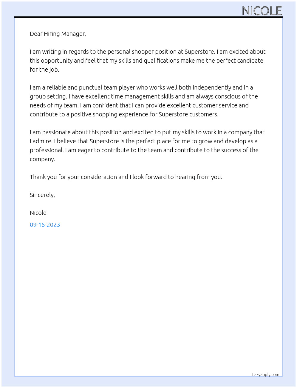 personal shopper At Superstore Cover Letter