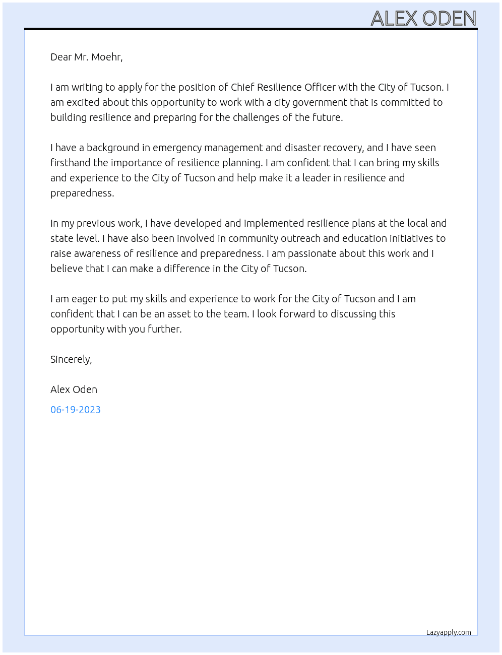 Cheif resilience officer At City of Tucson Cover Letter