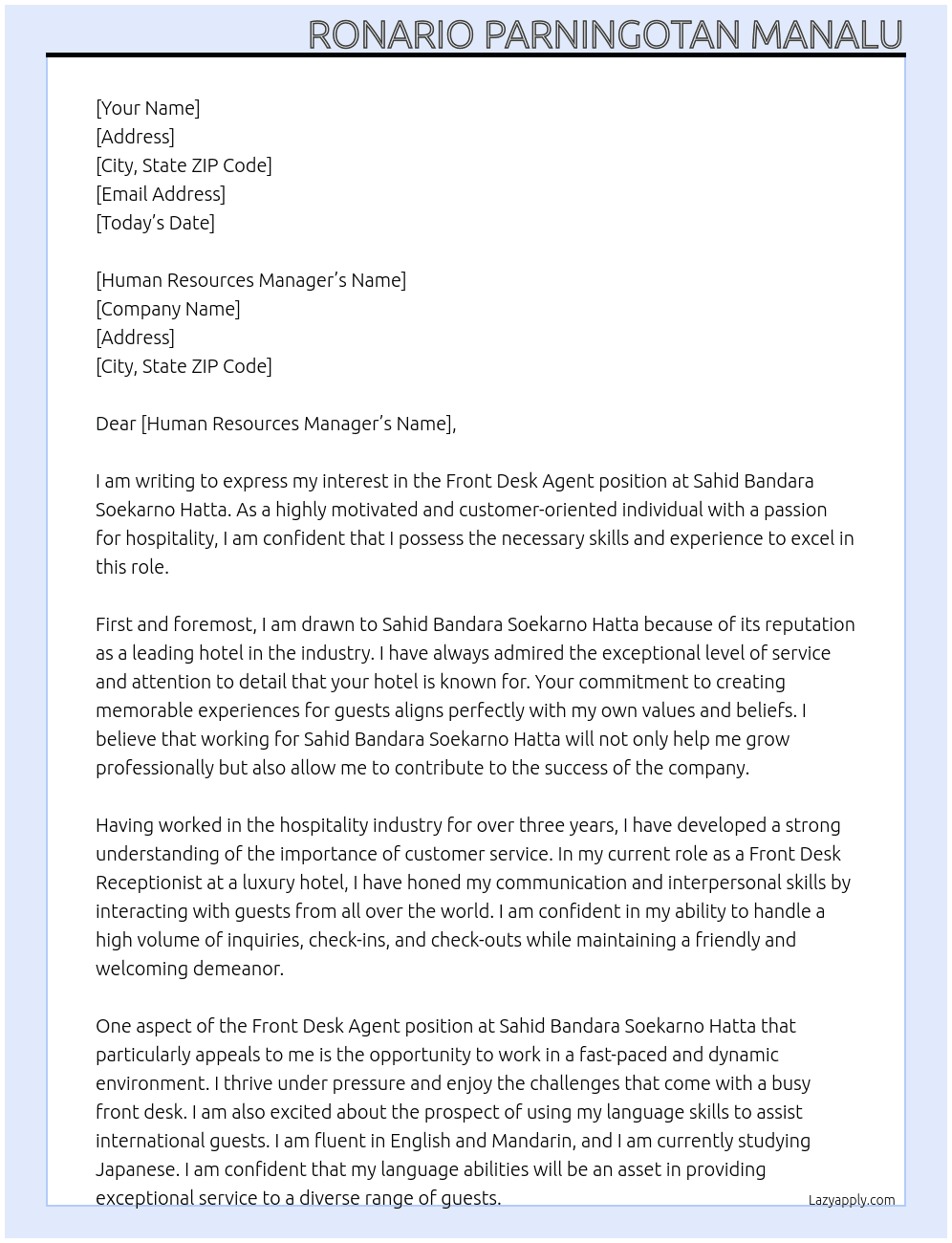 Front Desk Agent At Sahid Bandara Soekarno Hatta Cover Letter