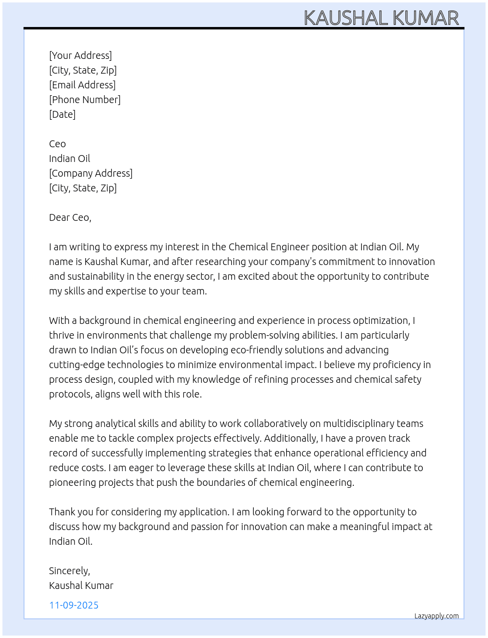 Chemical engineer At Indian oil Cover Letter