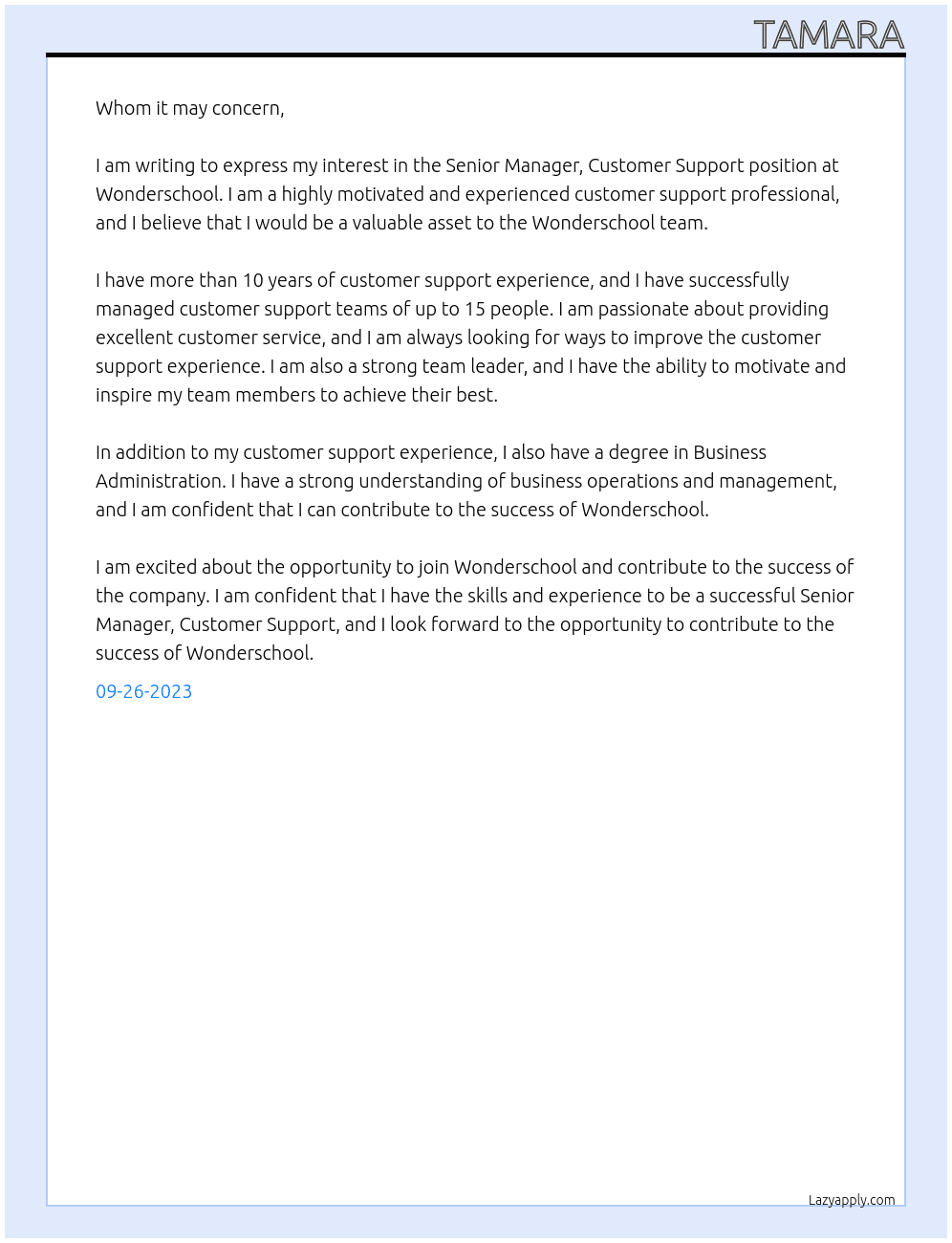 Senior Manager, Customer Support At Wonderschool Cover Letter