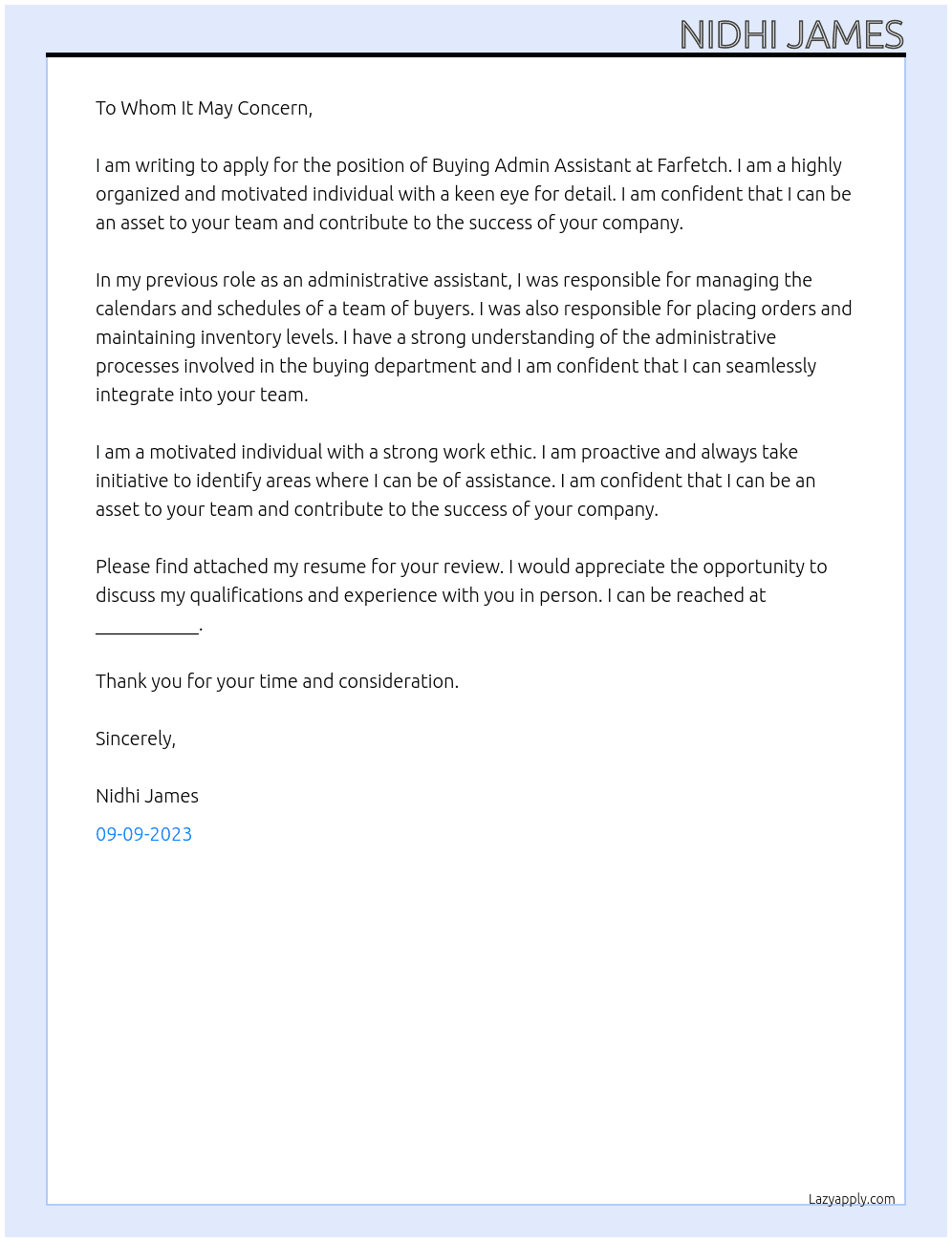 BUYING ADMIN ASSISTANT At FARFETCH Cover Letter