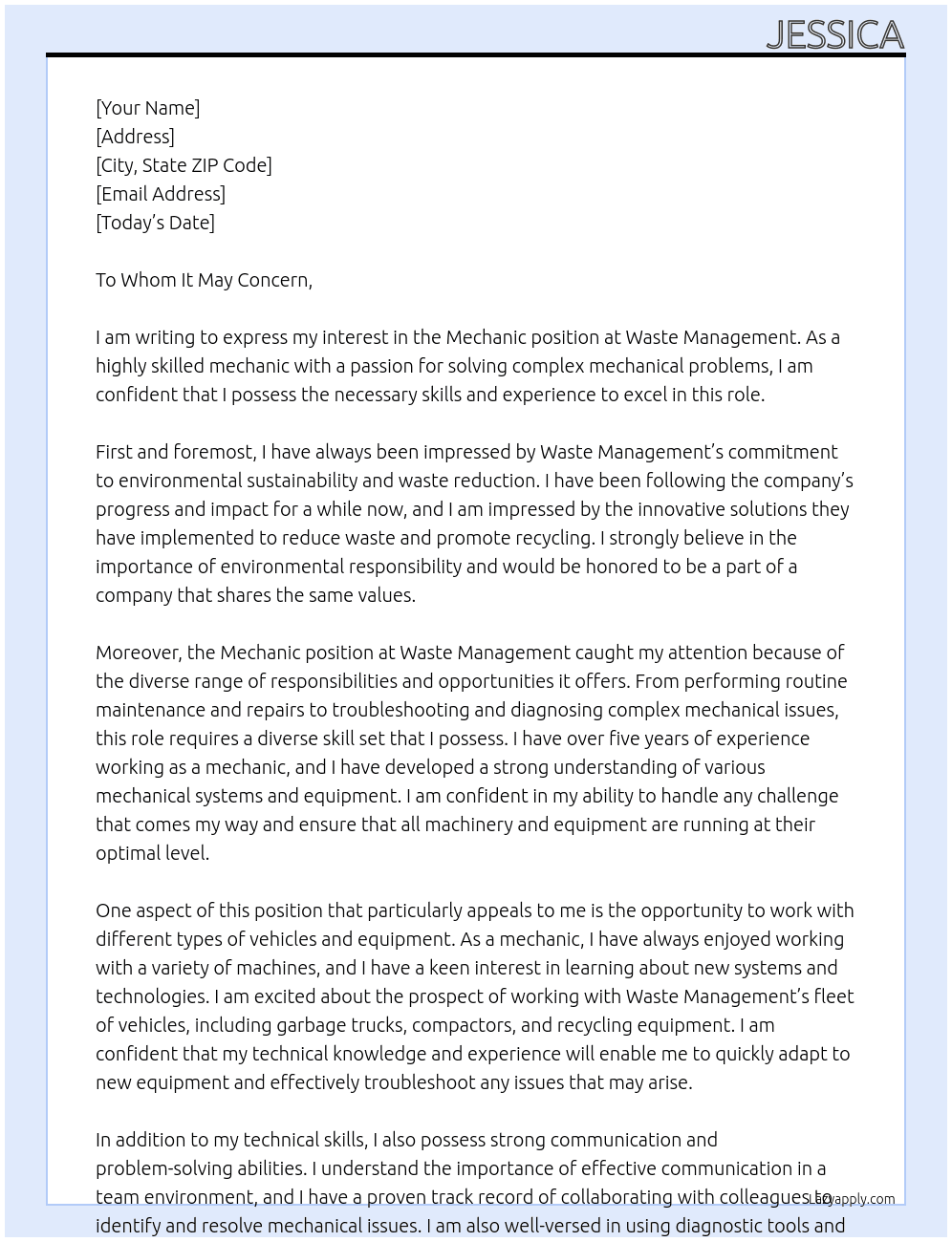 Mechanic At Waste Management Cover Letter