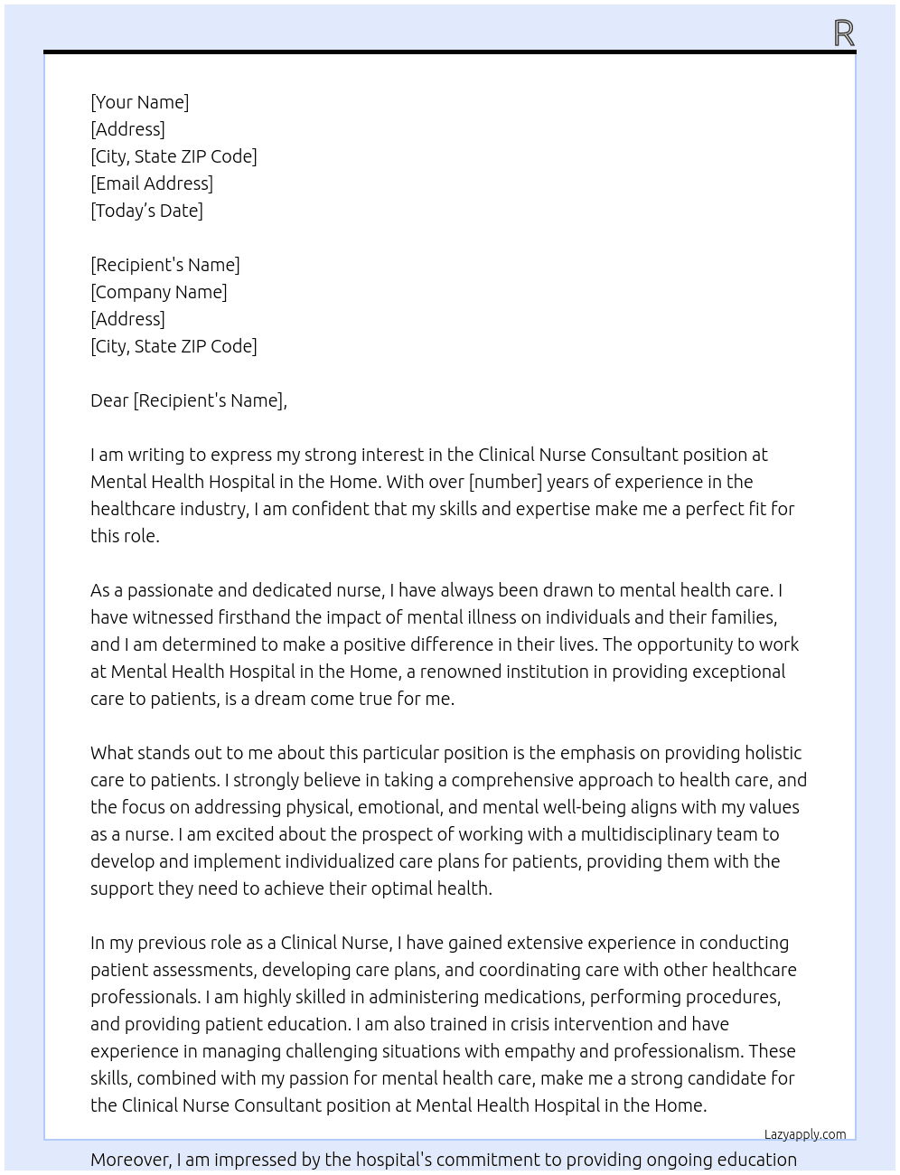 Clinical Nurse Consultant At Mental health hospital in the home Cover Letter