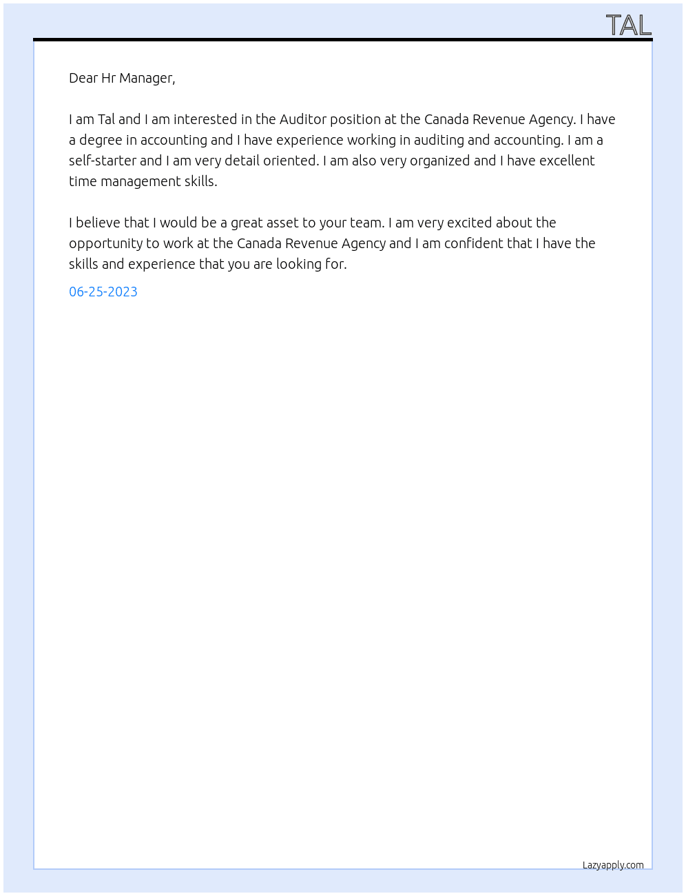 Auditor At Canada Revenue Agency Cover Letter