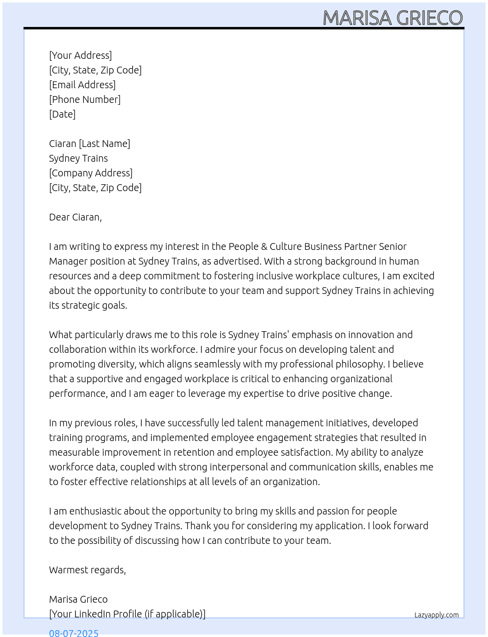 People & Culture Business partner Senior Manager  At Sydney Trains Cover Letter