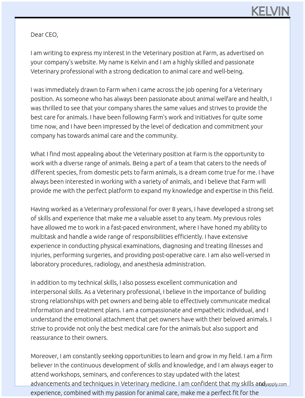 Veterinary  At Farm Cover Letter