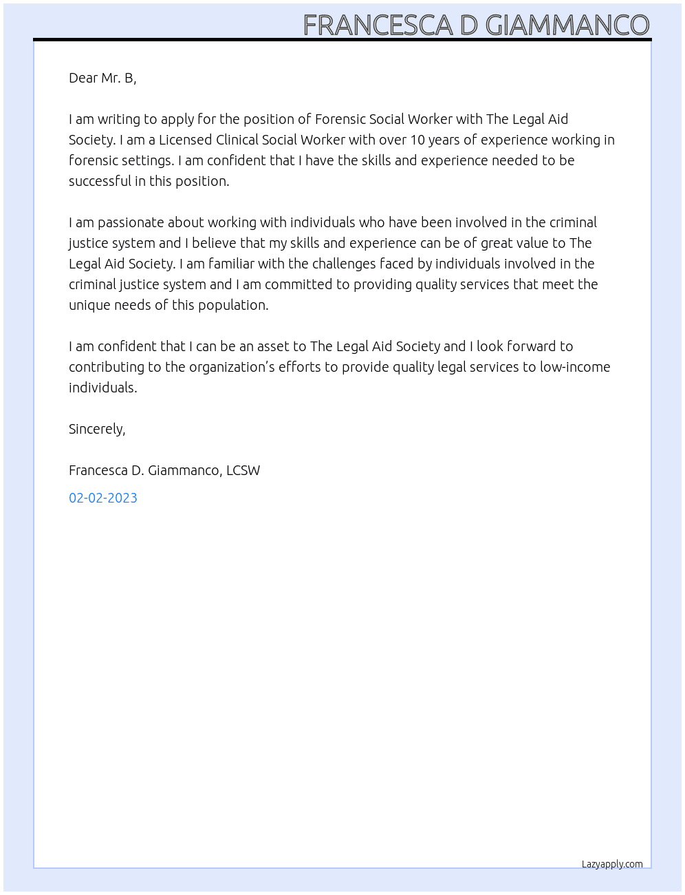 Forensic Social Worker At The Legal Aid Society Cover Letter