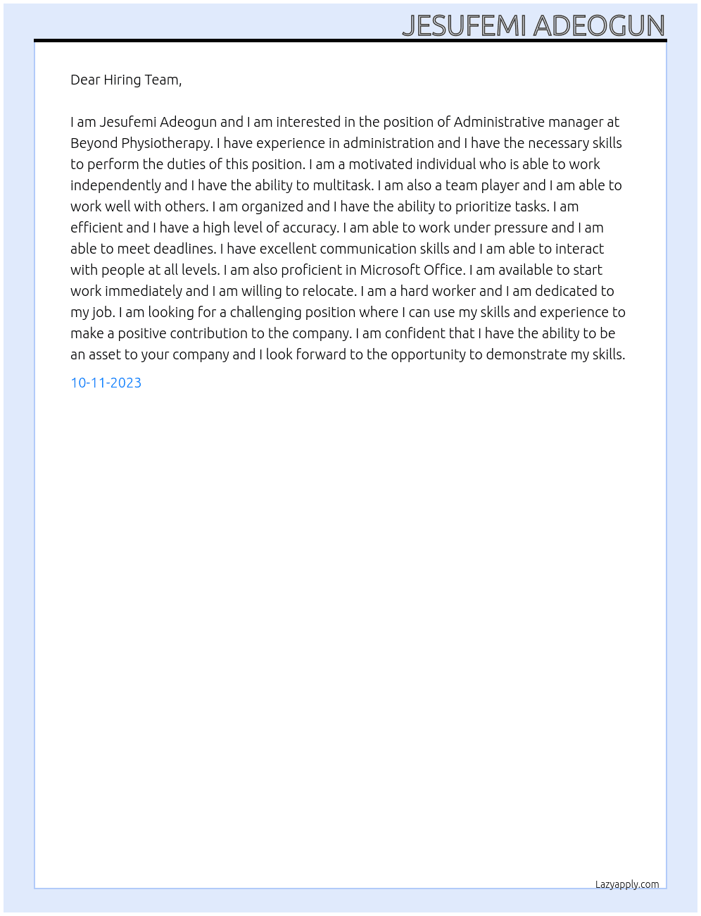 Administrative manager At Beyond Physiotherapy Cover Letter