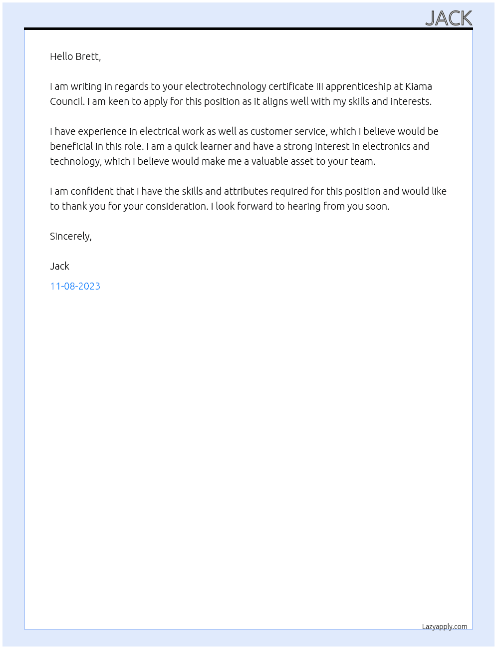 Electrotechnology Certificate III appreticeship At Kiama council Cover Letter
