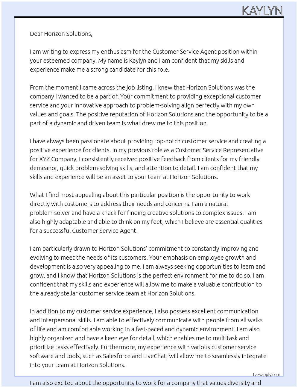 Customer service agent At Horizon Solutions Cover Letter