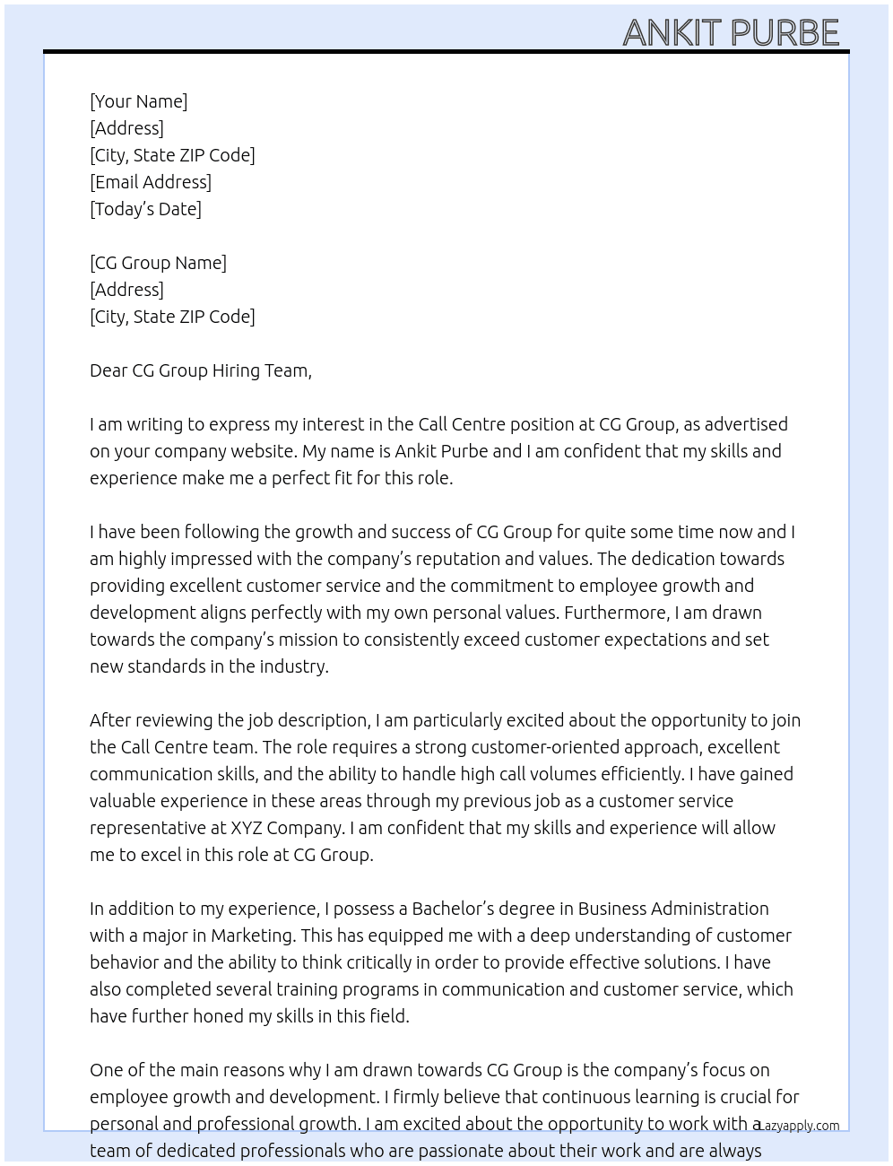 Call centre  At CG group  Cover Letter
