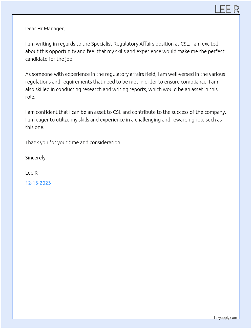 Specialist Regulatory Affairs At CSL Cover Letter