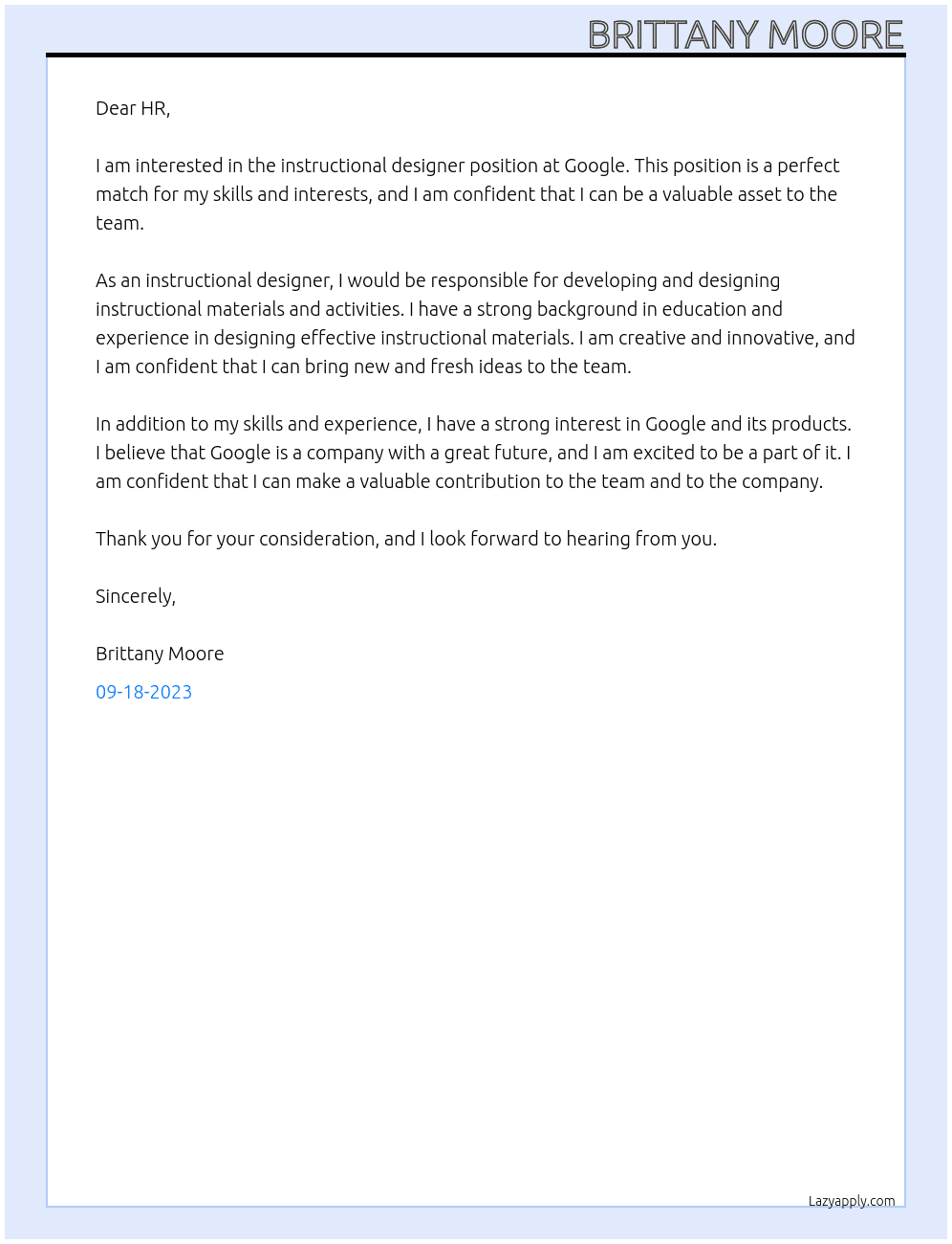 Instructional Designer At Google Cover Letter