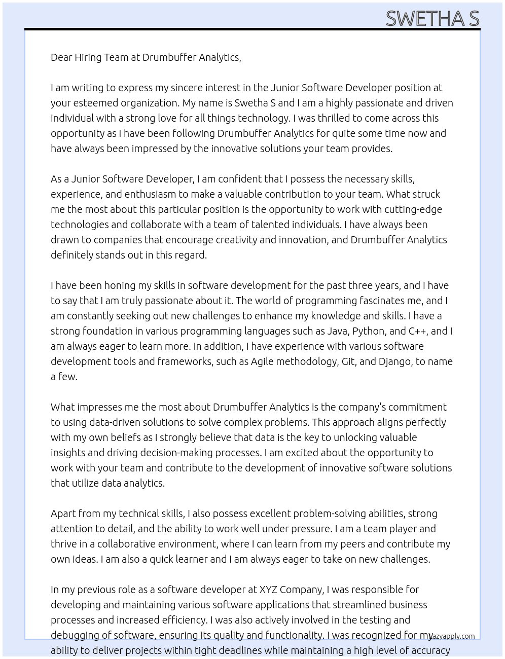 Junior Software Developer At Drumbuffer Analytics Cover Letter