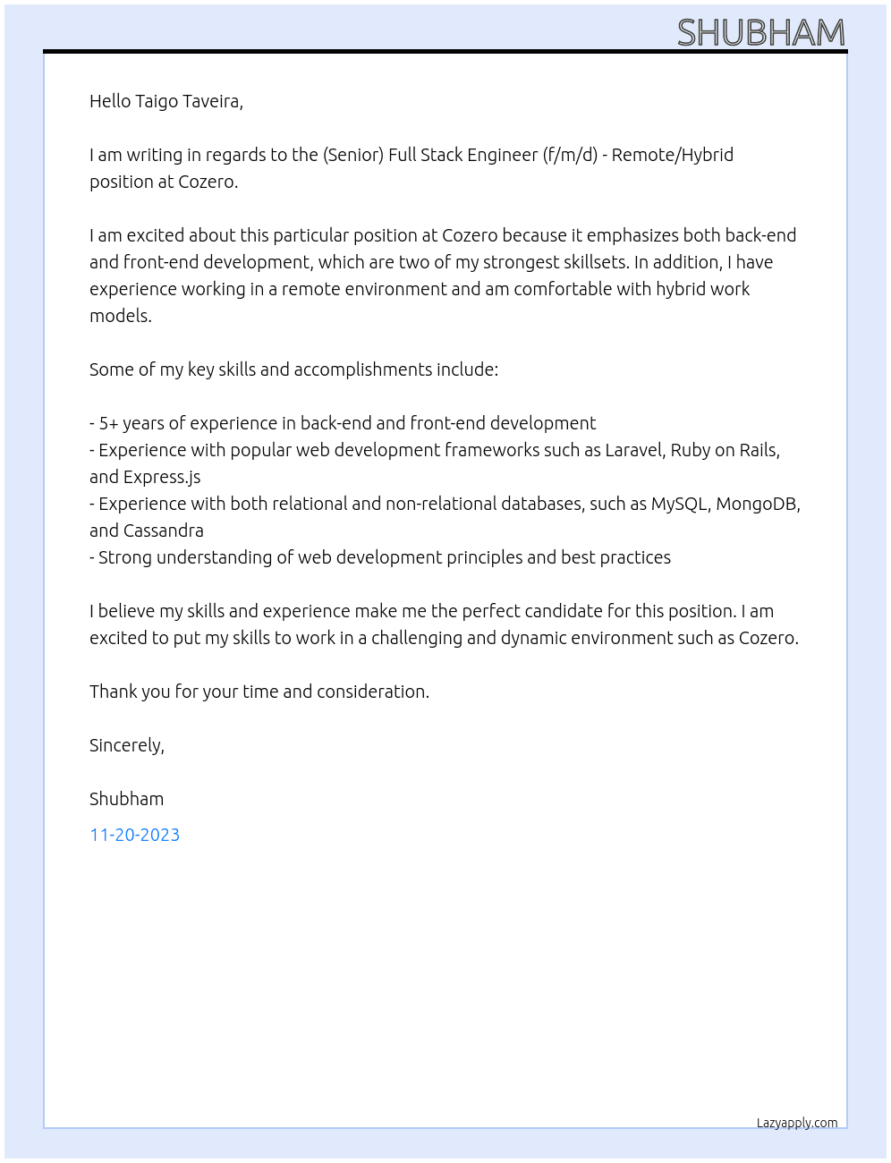 (Senior) Full Stack Engineer (f/m/d) - Remote/Hybrid At Cozero Cover Letter