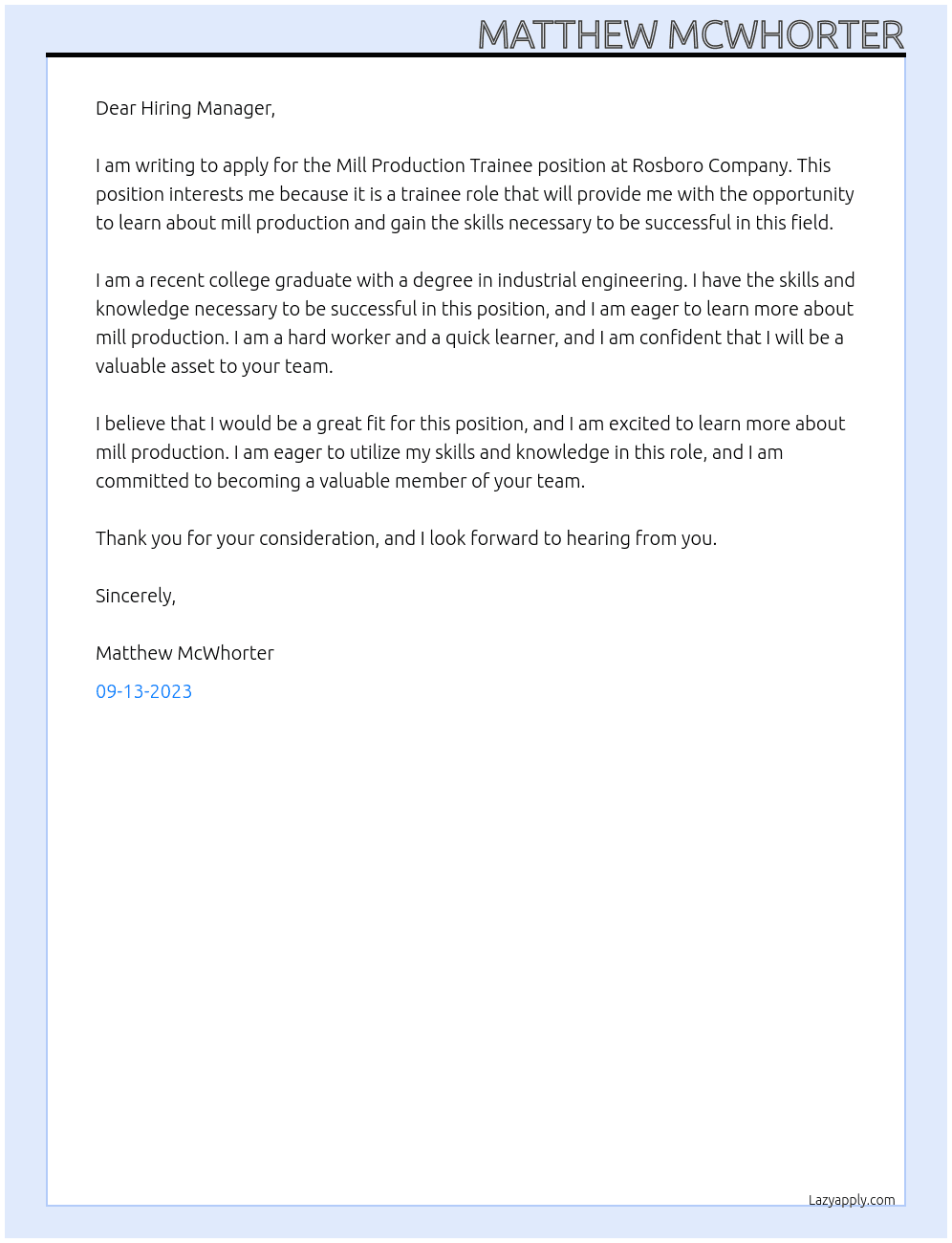 Mill Production Trainee At Rosboro company Cover Letter