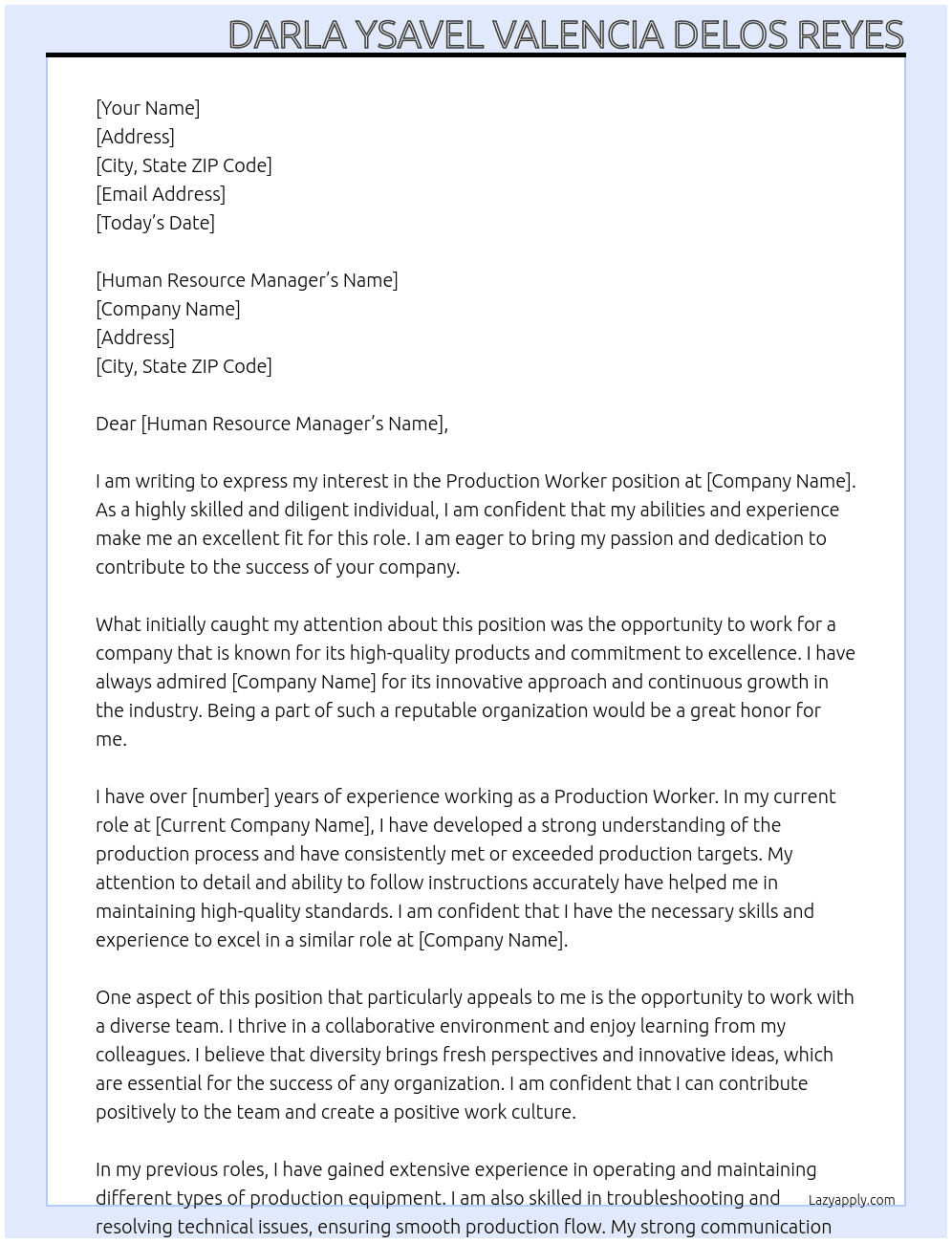 Production worker At Company Cover Letter