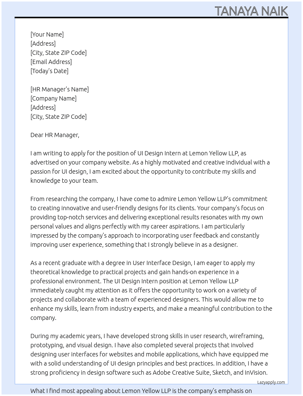 UI Design Intern At Lemon Yellow LLP Cover Letter