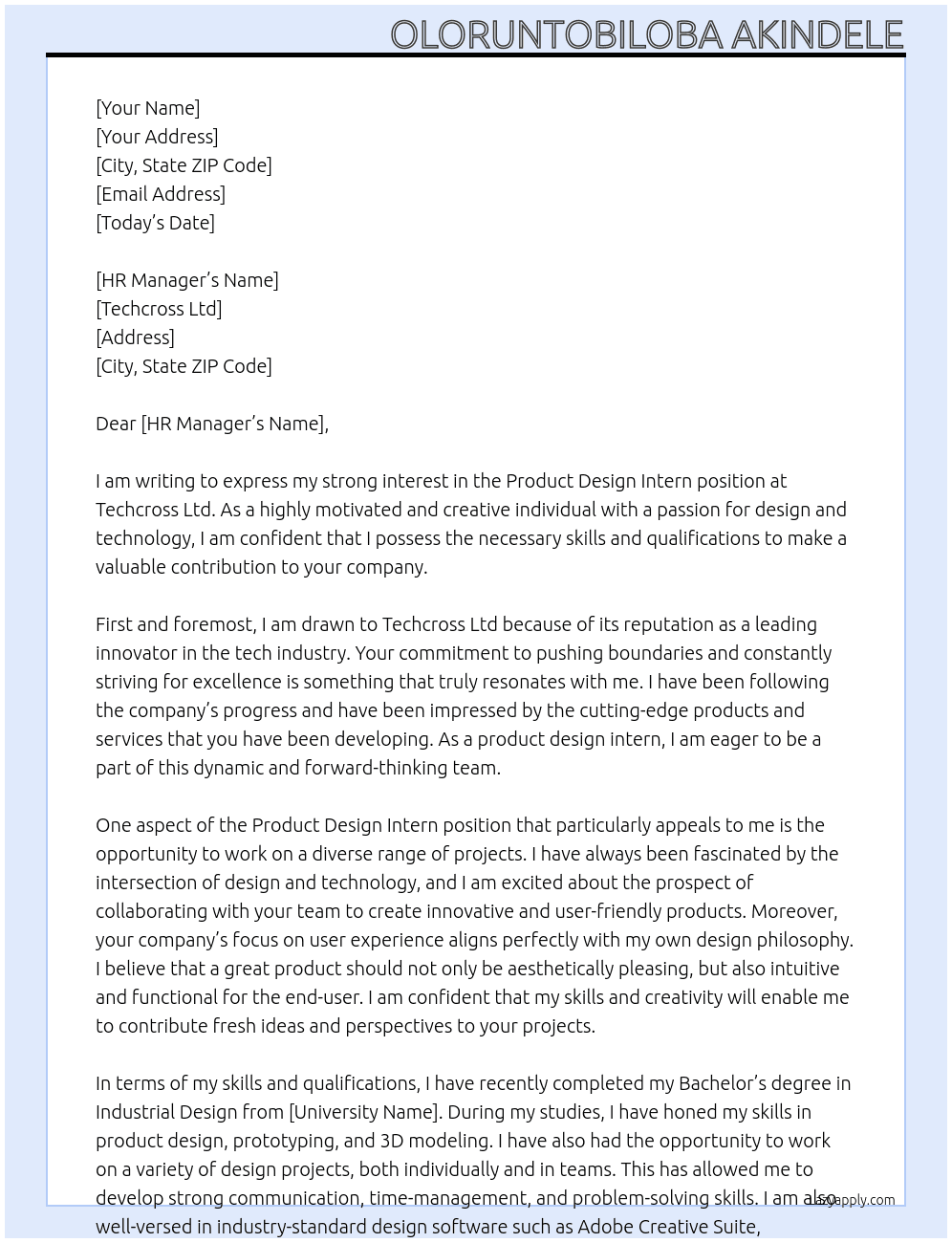 product design intern At Techcross Ltd  Cover Letter