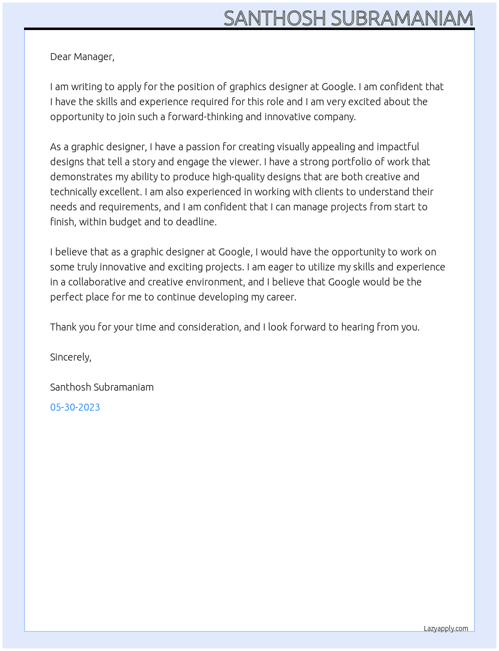 graphics designer At google Cover Letter