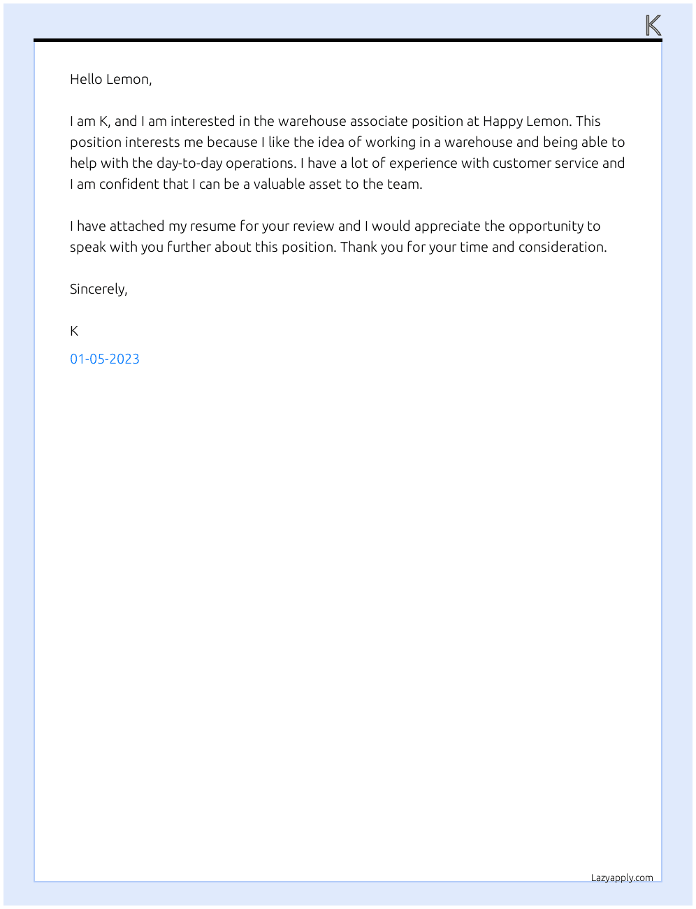 Warehouse Associate At Happy Lemon Cover Letter