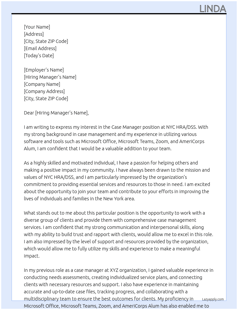 Case Manager  At NYC HRA/DSS Cover Letter