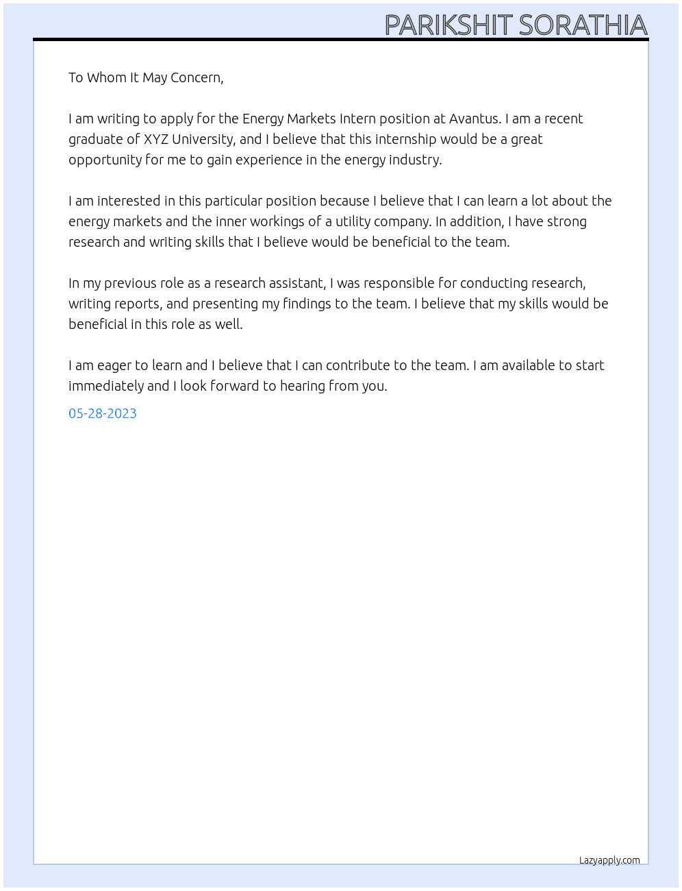 Energy markets intern At Avantus Cover Letter