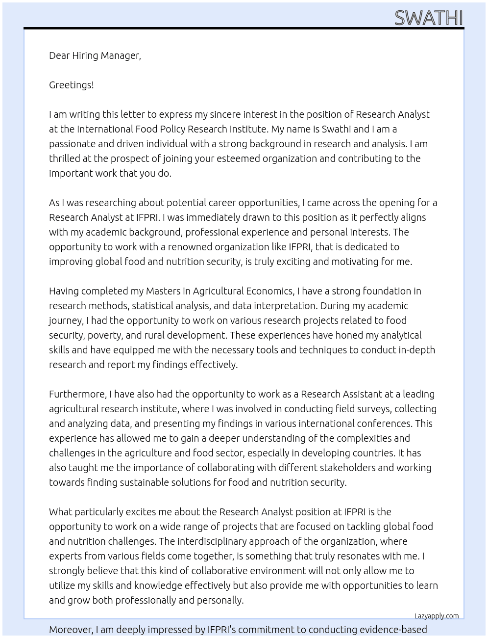 Research Analyst  At International Food Policy Research Institute Cover Letter