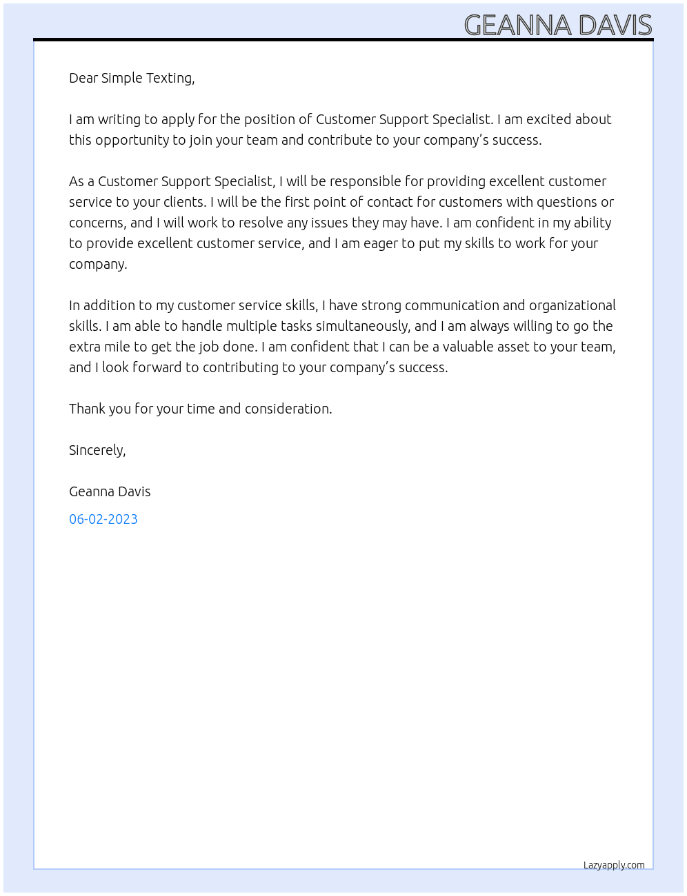 Customer Support Specialist At Simple Texting Cover Letter