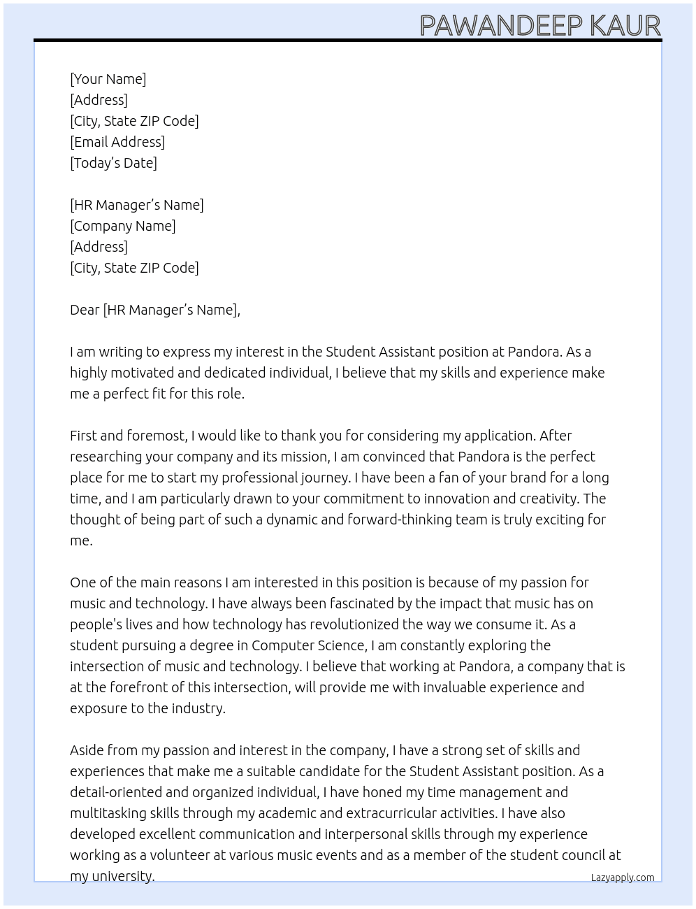 Student Assistant  At Pandora Cover Letter