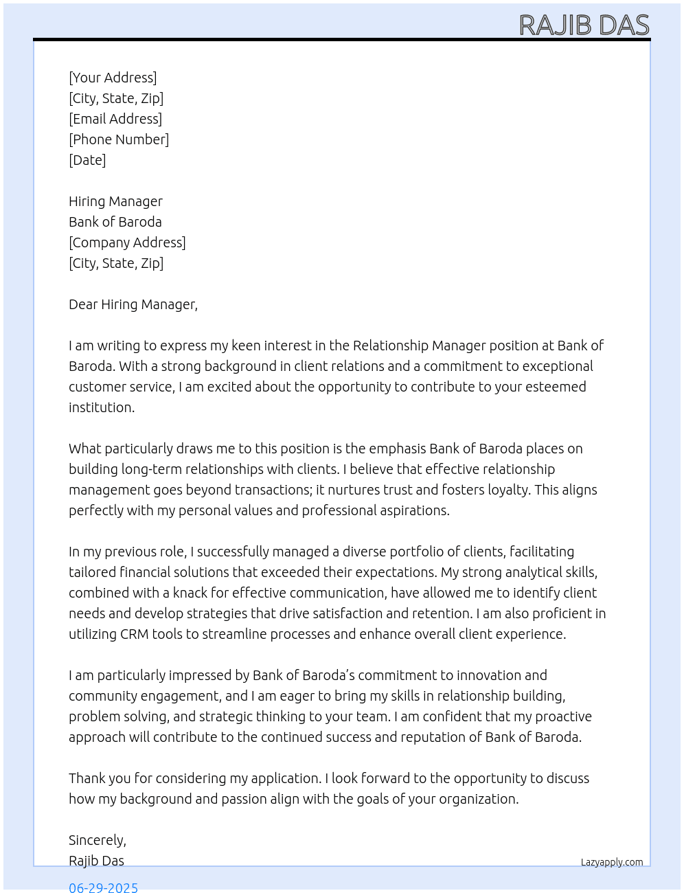 Relationship manager  At Bank of Baroda  Cover Letter