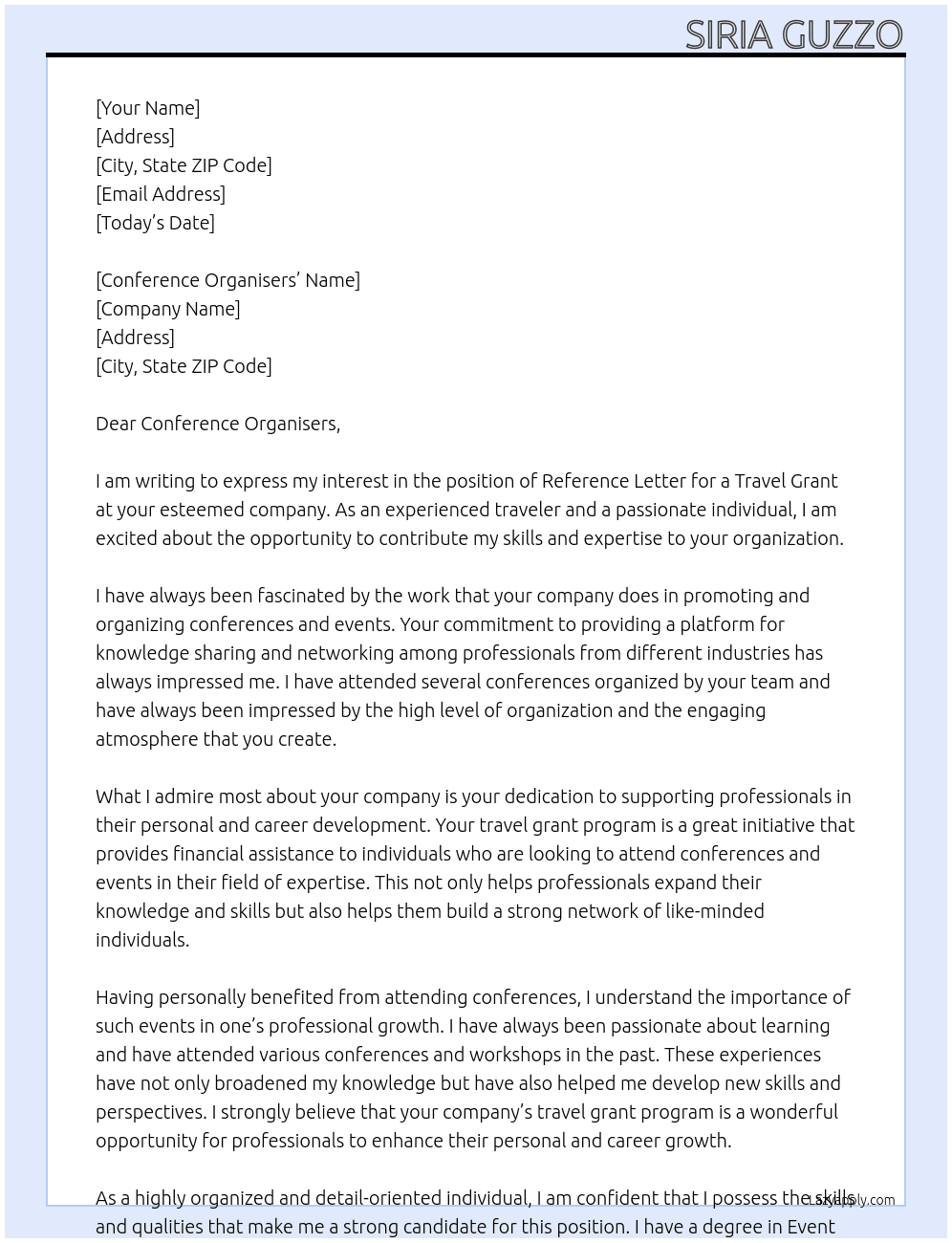 Reference Letter: Travel Grant At Reference Letter for a Travel Grant Cover Letter