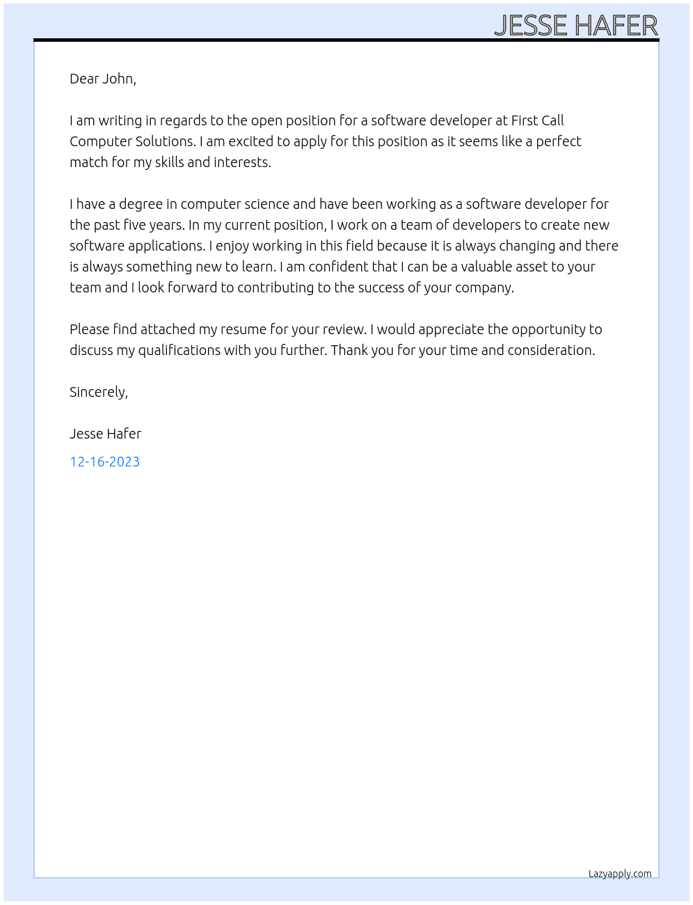 Software Developer At First Call Computer Solutions Cover Letter