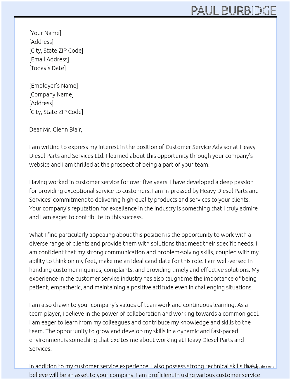 Customer Service advisor At Heavy Diesel Parts and Services Ltd Cover Letter