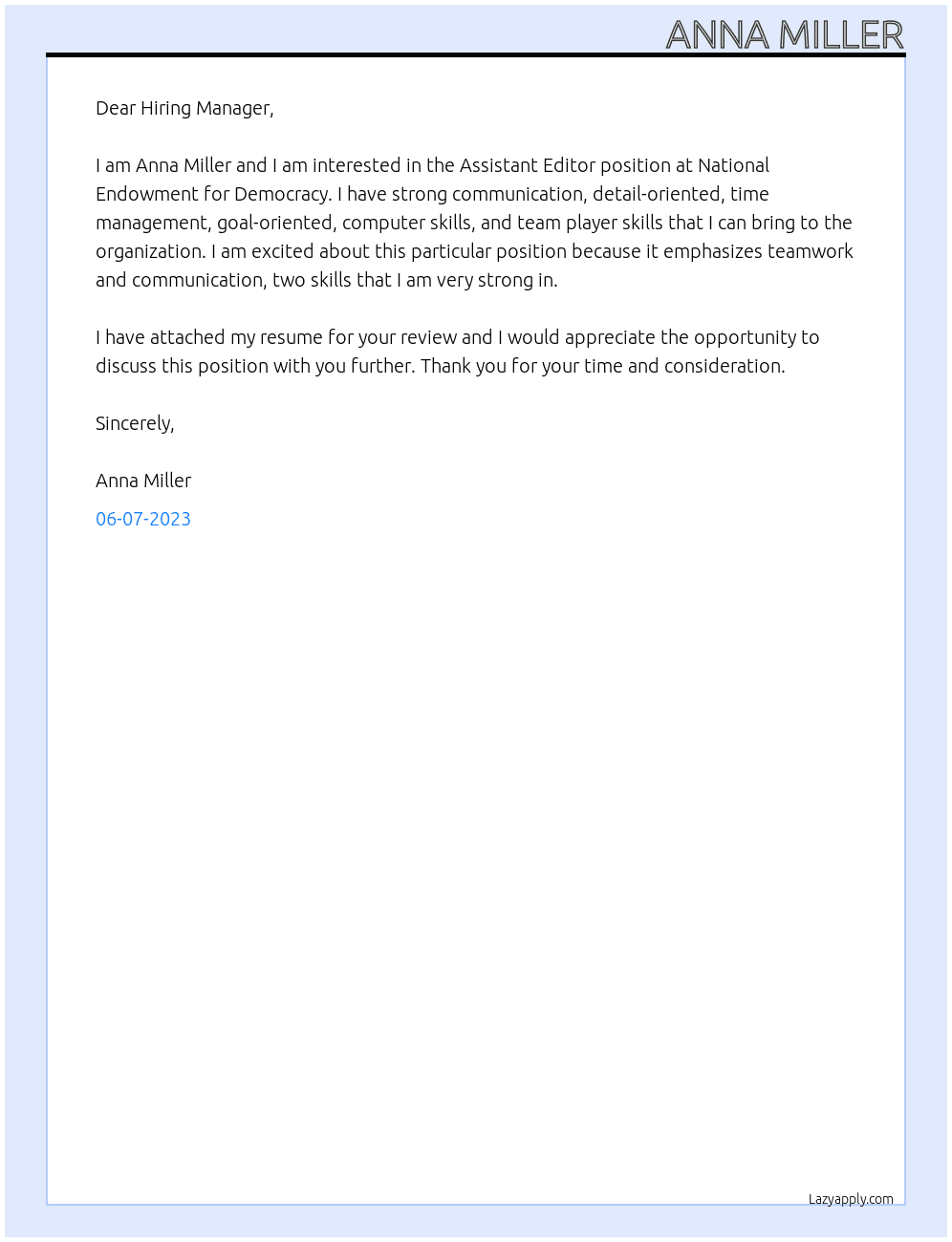 Assistant Editor At National Endowment for Democracy Cover Letter