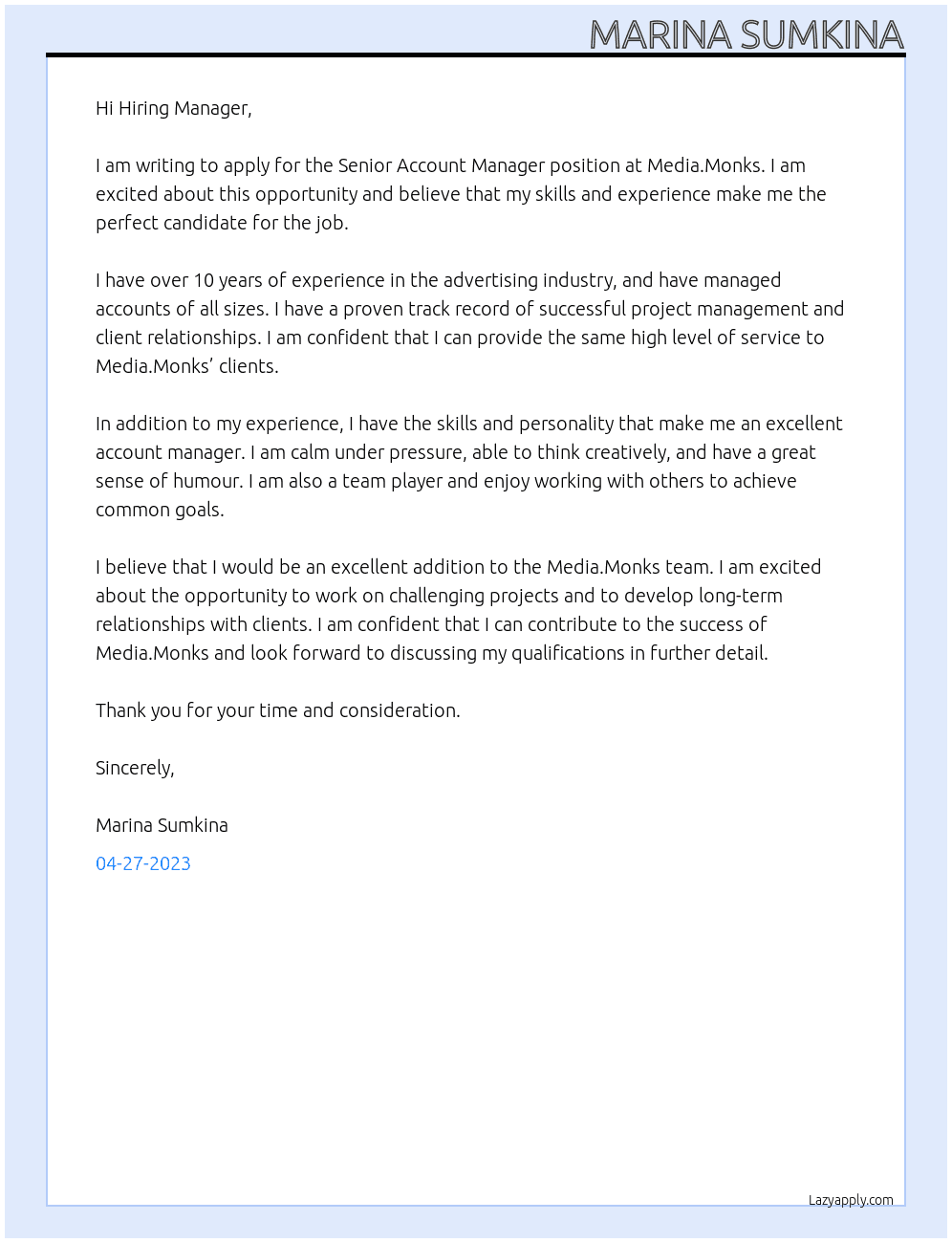 Senior Account Manager At Media.Monks Cover Letter