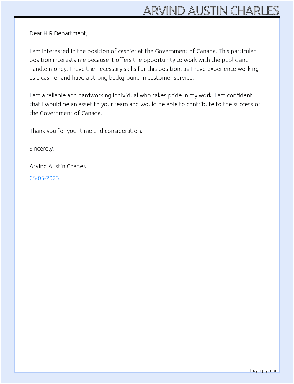 cashier At Government of Canada Cover Letter