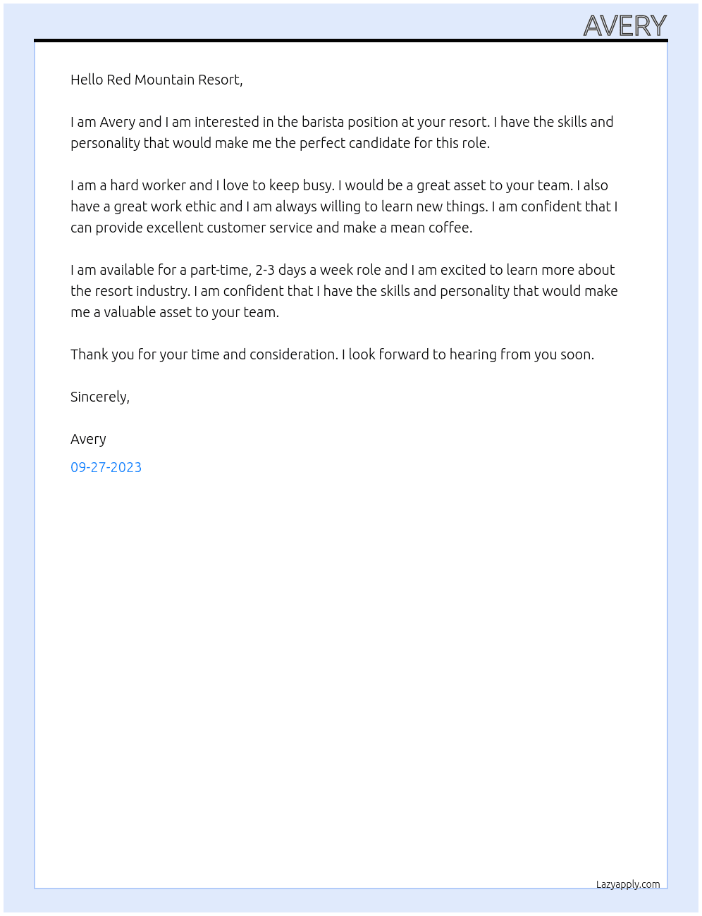 Barista At Red resort Cover Letter