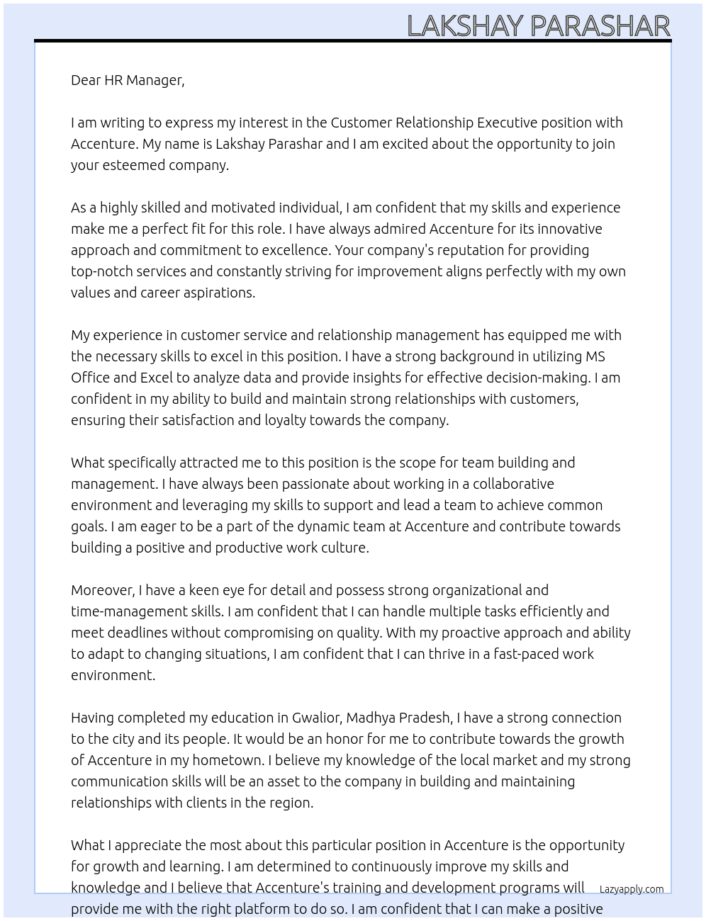 Customer relationship executive  At Accenture  Cover Letter