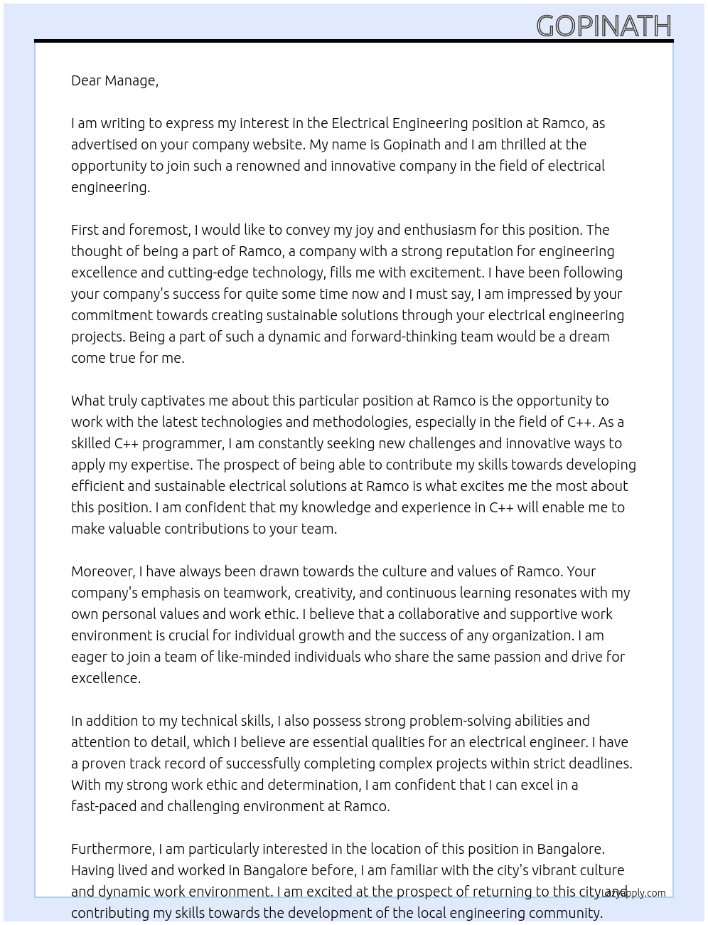 Electrical engineering At ramco Cover Letter