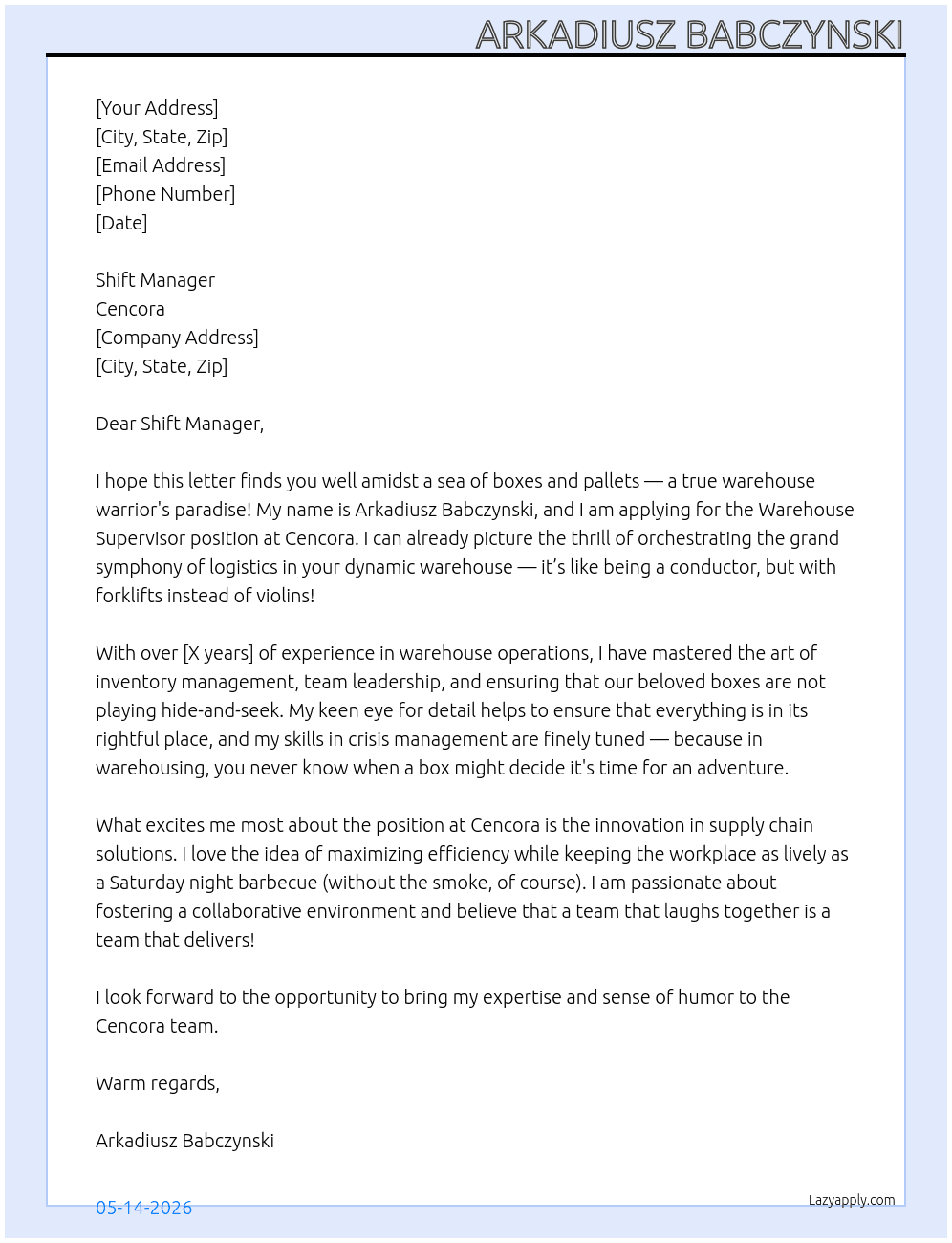 warehouse supervisor At Cencora Cover Letter