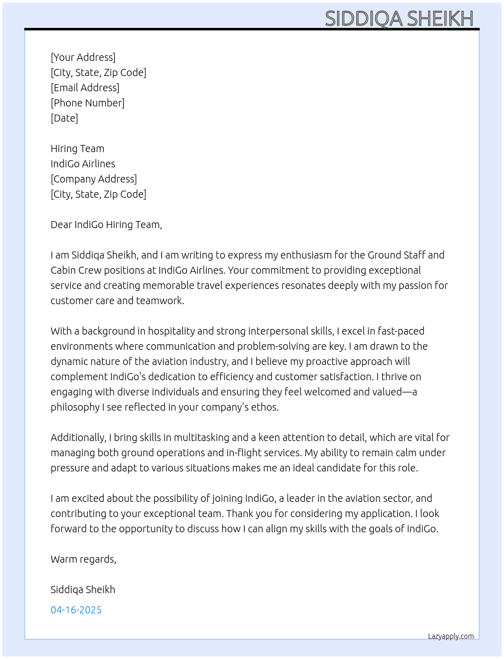 Ground staff , cabin crew  At Indigo or worldwide Cover Letter