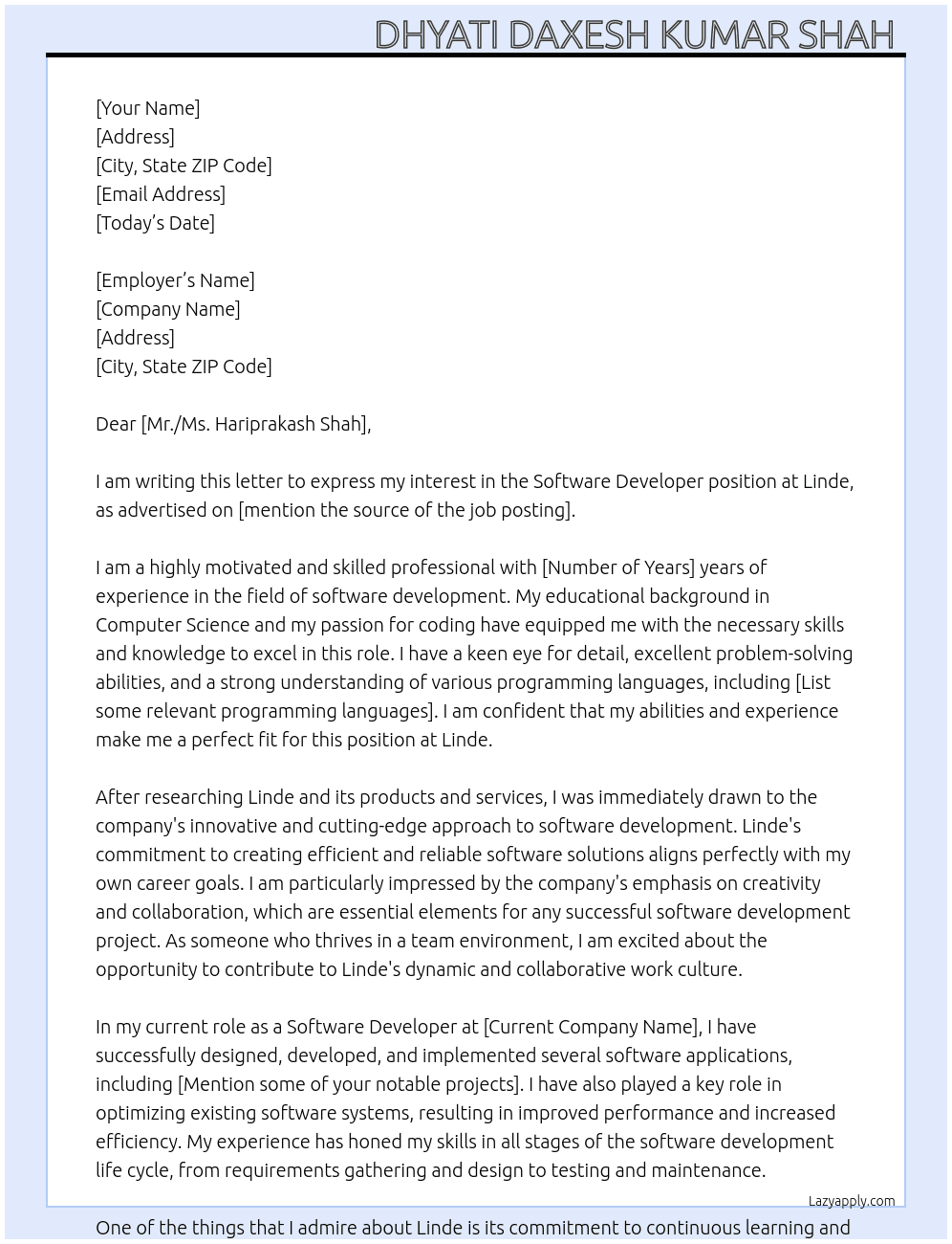 Softwate developer  At Linde Cover Letter