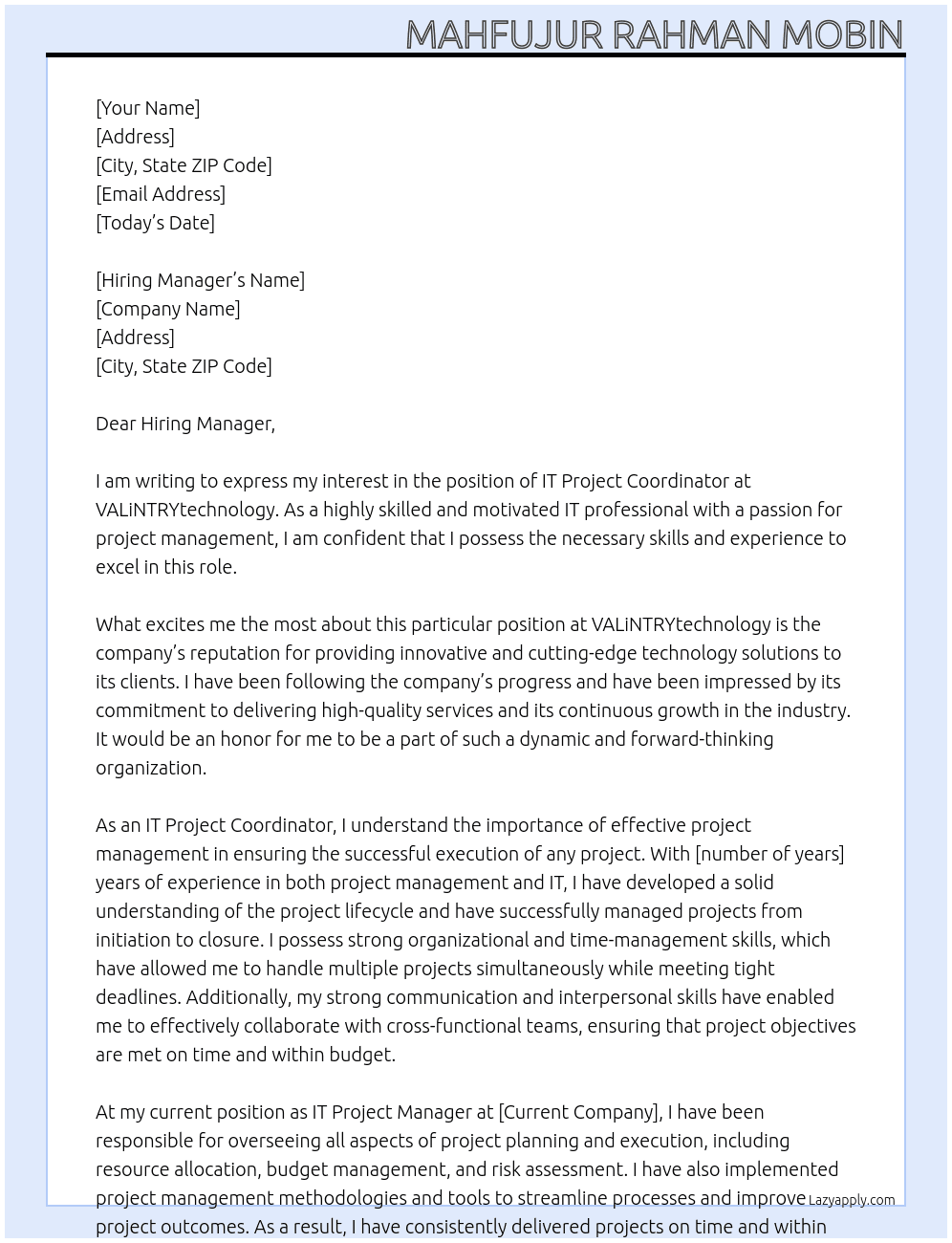 IT Project Coordinator At VALiNTRYtechnology Cover Letter