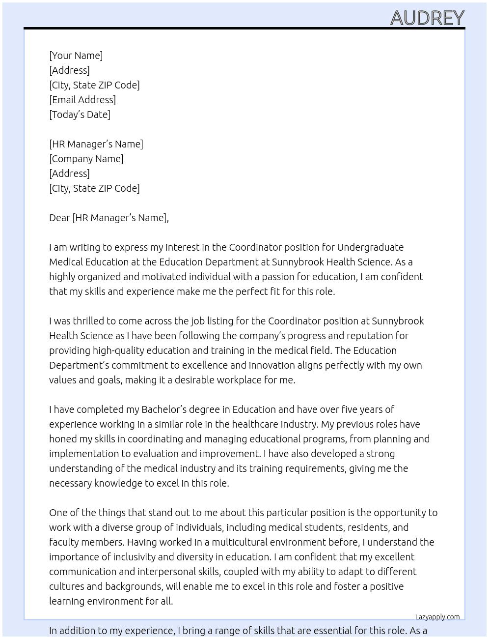 Coordinator - Undergraduate Medical Education At the Education Department at Sunnybrook Health Science Cover Letter